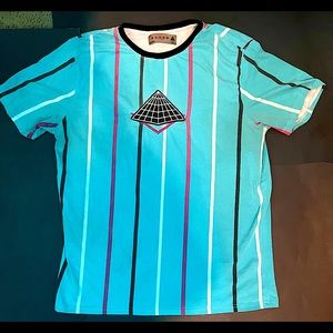 Mens Large Blue “Black Pyramid” T-Shirt with Stripes